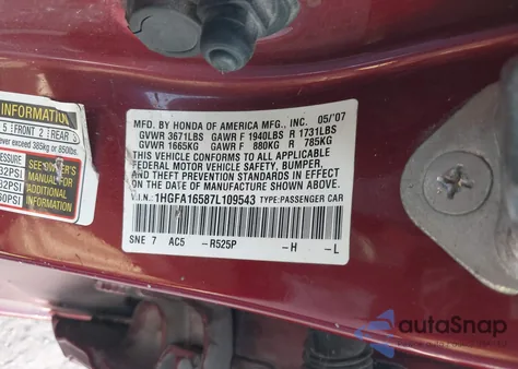 2007 Honda Civic Lx from USA, damaged, VIN 1HGFA16587L109543